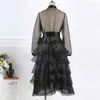 Women Black Cake Party Dress Ruffle Sexy See Through Transparent Long Sleeve Plus Size XL Birthday Event Celebrity Vestidos Gown 210416