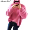 Koreanska kvinnor solid faux mink cashmere plysch höst vinter pullover stickad lös sida split tröja jumper topp 210416