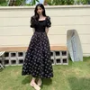 Black Dress Girl Summer French Square Neck Floral Female Tea Break Temperament Puff Sleeve Plus Size 210601