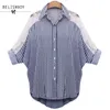 L-5XL 6XL Plus Size Women Clothing Autumn Blouses Lace Shirt Turn Down Collar Striped Female Batwing Sleeve Tops Blusas 210520