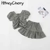 Flickor Plaid Suit Sommar Back Bow Top Culottes Set Of Two Cloth Baby Girl Outfit Kläder 210515