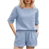 Suits-survêtements pour femmes 2021 Été Two Piece Set Pullover Tracksuit Casual Tenfit costumes femmes Tops Solid Tops Cotton Linen Shorts Pantalon 2