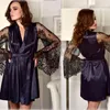 Kvinnors Sleepwear Est Kvinnor Sömmer Robes Set Long Flare Lace Printed Sleeve V-Neck Satin Silk Night + Panties med bältesuppsättning för homewear