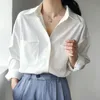 OL Style White Blouse Women Spring Autumn Pocket Shirts Turn-Down Collar Female Plus Size Elegant Work Blusa 210601