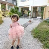 Vår Höst Mode Girls Mesh Ball Gown Baby Girl Princess Dress 3 Färger Patchwork Party Kläder 210508