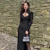 Mode féminine d'hiver Sexy serré noir col haut creux à manches longues fendu longue robe de soirée de célébrité 210527