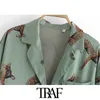 TRAF Women Fashion Animal Print Losse Button-Up Blouses Vintage Hoge Elastische Taille Enkelbroek Broeken Sets Mujer 210415