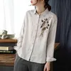 Johnature Kadın Keten Nakış Gömlek Vintage Tam Kollu Tops Turn-down Yaka Bluzlar Bahar Düğmesi Casual Gömlek 210521