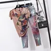Yeni Sonbahar Kış eşofman Yaz Vintage Baskı Tshirt Kalem Kot Pantolon 2 Parça Set Kadın Gevşek Kısa kollu T gömlek Kot Takım Elbise Kadın Moda Streetwear