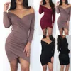 Women Dress Ruched Summer Elegant Fashion Polyester Full Length Sleeve Off-the-shoulder Big Open V-neck Solid Color 210522