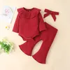 Baby Girls Clothing Set Ribbed Cotton Casual Outfits Long Sleeve Ruffled Collar Tops Romper Flared Pants Headbands Toddler Infant Suits M3932