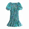 Летнее платье Зеленое цветочное принт рюши Африканская ES Женщина с коротким рукавом ruched mini Женщины Эластичные талии Vestidos 210430