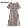 Sommar blommig tryck elegant v nacke casual en linje kortärmad boho stil knapp klänning kvinnor vestidos mujer 210413