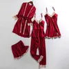 5PCS Set Pajamas Casual Sleepwear For Women Satin Kimono Robe Gown Lace Patchwork Nightwear Spring Autumn Pyjamas Suit 210928