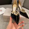 2021 spring and autumn fashion pointed high heel dress shoes with pearl slim sexy patent leather black simple single shoes 34-40