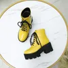 Mulheres Ankle Boots Sapatos de Patente de Couro Plataforma de Couro Alto Curto Lace Up Zip Chunky Heels Senhoras Amarelo 43 210517