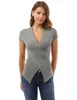 Sexy Slim t-shirt femmes t-shirt col en v profond à manches courtes rayé coton tricoté croix Patchwork femmes Poleras De Mujer Moda X0628