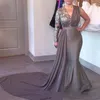 Vintage arabe gris sirène mère de la mariée robes 2021 col en V détachable train une manche longue mariage invité robe de bal soirée porter