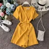 Lato V Neck Solidna Ropa Mujer Plaża Styl Wysokiej Talii Kombinezon Kobiety Bandaż Bow Koreański Body Moda 14977 210415