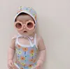 Children's Swimsuit + Swimming Cap Baby Girl Flower Print Spring Beach Swimming Suit baby swim wear 210701