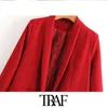 TRAF Kobiety Vintage Stylowe Office Wear Red Blazer Płaszcz Moda Z Długim Rękawem Kieszenie Kobiet Odzież Odzszenice Chic Topy 210415