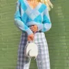 ビンテージふわふわアーガイルプルオーバー女性双方向着用青いニットセーターベストファジィカジュアルVネックセータージャンパー冬210415