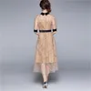 夏の刺繍の3次元花vestidos女性のラウンドネック半袖ウエストスリムミディドレス210603