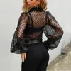 Primavera elegante bolinhas blusa casual mulheres sprufa de manga colarinho ver através de botões soltos camisa vintage top mujer 210415