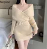 Casual Dresses Neploe Temperament For Women Sexy V-neck Lace Up Slim Waist Vestidos De Mujer Korean Knitted Bodycon Mini Dress 27c138