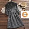 Mori Kız Mavi Gri Sonbahar Kış Elbiseler Kadınlar Kalınlaşmak Sıcak Turn-down Yaka Kedi Baskılı Elbise Uzun Kollu Vintage Vestidos 210520