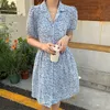 Summer Sweet Vintage Puff Sleeve Chic Print Shirt Dresses Slim Waist Woman Dress Japanese Style Vestidos 210515