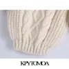 KPYTOMOA KVINNOR FASHION CABLE-stickad beskuren tröja Vintage O Neck Puff Sleeve Kvinna Pullovers Chic Toppar 211217