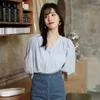 Classic V-neck Blouse Ladies Women Elegance Sweet Chic Single-breasted Lantern Sleeves Shirts White Clothes Plus Size 210601