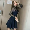 Casual Kleider Plus Größe Stehen Mini Kleid Club Tragen Für Damen Hohe Taille Schwarz Frauen Mesh Patchwork Plissee Vintage Sommer