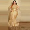 2023 Sexy Plus Size Vestidos de noite formais elegantes com mangas compridas Gold Lace High Neck Bainha Ocasião Especial Vestido Mãe de T210l