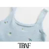 Women Fashion Floral Embroidered Cropped Knitted Blouses Vintage Sleeveless Straps Female Shirts Blusas Chic Tops 210507