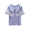 Summer Women's Ruffles Lace Doll Collar Short Sleeves T-Shirt Tee Girls Pullover Casual Tops Tees A2639 210428