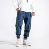 Moda masculina jeans de alta qualidade solto ajuste grande bolso denim calças de carga homme streetwear hip hop calças largas perna2056