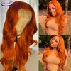 Oranje gember rechte simulatieion menselijk haar pruiken natuurlijke haarlijn Braziliaanse synthetische lichaamsgolf kant voorzijde pruik voor vrouwen gebleekt knopen