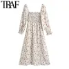 TRAF Women Chic Fashion Floral Print Smocked Midi Dress Vintage Square Collar Long Sleeve Side Slit Female Dresses 210806