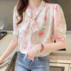 Sommer Koreanische Mode Chiffon Frau Hemden Satin Büro Dame Bogen Kurzarm Hemd Plus Größe XXL Blau Damen Tops Bluse 210531