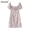 Floral imprimé Mini robe pour femmes à manches courtes doux été col carré plage fête es moulante robe d'été 210508