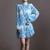 Blå estetisk tryckt miniös klänning för kvinnor Ung dam kändis våren Autumb Pleated Dresses Ropa de Mujer Hiver 210421