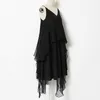 Kanske U V Neckrem Ärmlös Backless Lace Up Chiffon Ruffle Solid Vit Svart En Linje Sommarklänning Lös D0576 210529