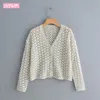 Suéter de mujer elegante de un solo pecho de punto con textura hueca de manga larga con cuello en V Harajuku coreano protector solar suéter femenino Tops 210507