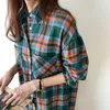 Casual Dresses Chic Korea Style Loose Midi Dress Woman Långärmning Vänd ner krage Skjorta Peated Pocket Plaid Flill Flannel