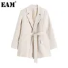 [EAM] Dames Abrikoos Korte Bandage Leisure Blazer Revers Lange Mouw Losse Fit Jas Mode Lente Herfst 1x791 211006