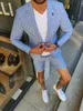Kort Pinstripe Groom Bröllop Tuxedos Mens Beach Blue Jacket Suits Prom Party Business Suit Outfit (Jacka + Byxor)