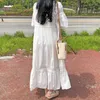 Coréen Chic dentelle évider broderie femme robe cordon taille mince robe Flare manches col en v robes 6H514 210603