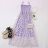 Summer Sweet Little Daisy Print Folds High Waist Slimming Mesh Sling Mid-length Dress Women 210507